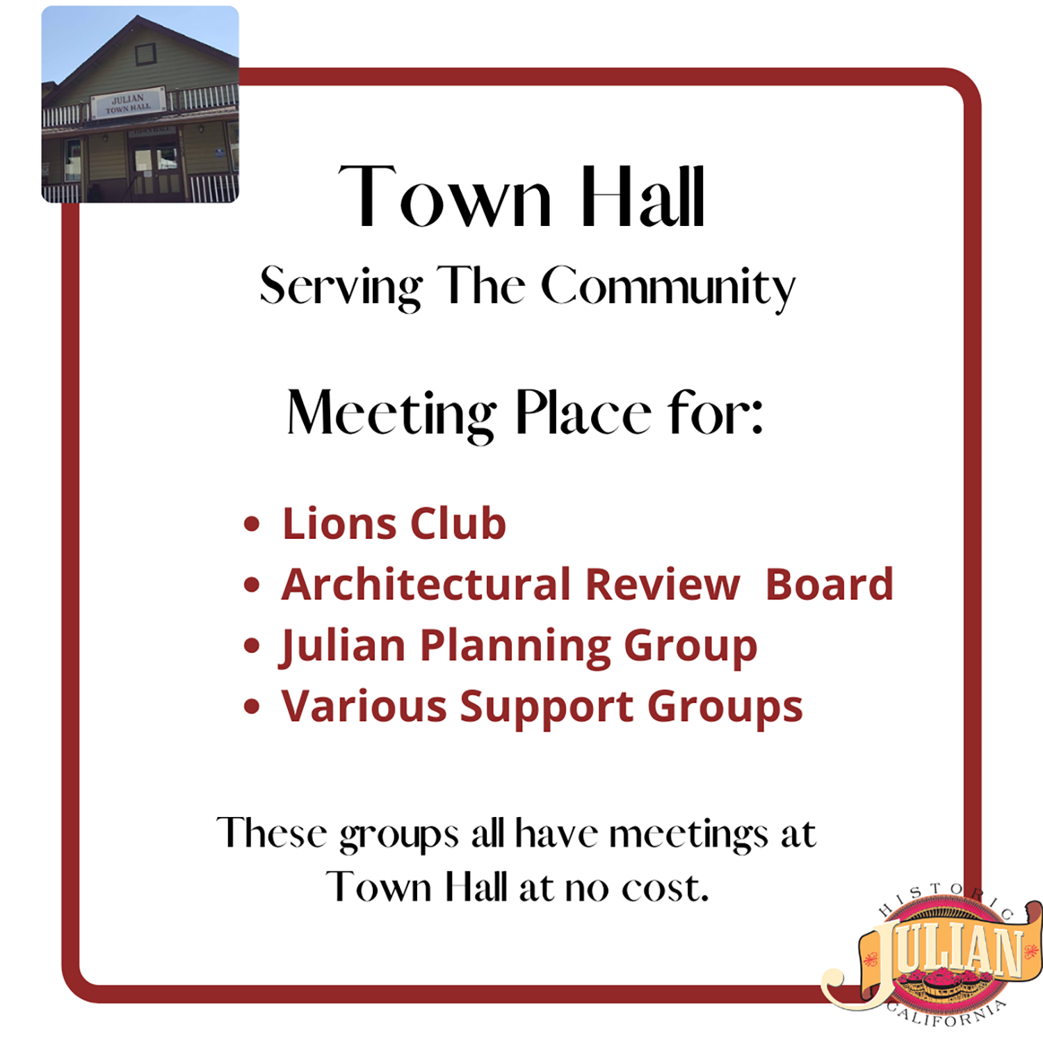 Town Hall poster offering the hall for a meeting place